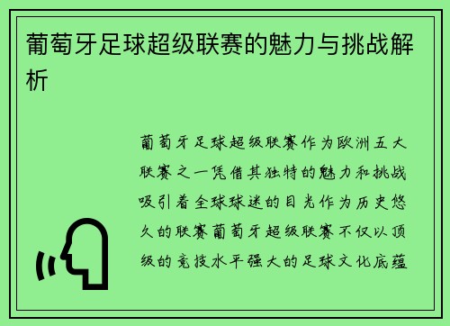 葡萄牙足球超级联赛的魅力与挑战解析 葡萄牙足球超级联赛的魅力与挑战解析