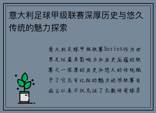 意大利足球甲级联赛深厚历史与悠久传统的魅力探索