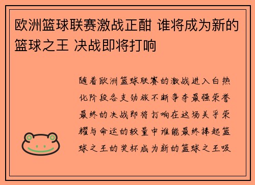欧洲篮球联赛激战正酣 谁将成为新的篮球之王 决战即将打响