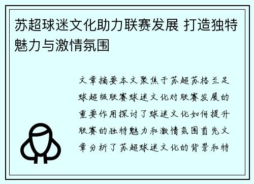 苏超球迷文化助力联赛发展 打造独特魅力与激情氛围